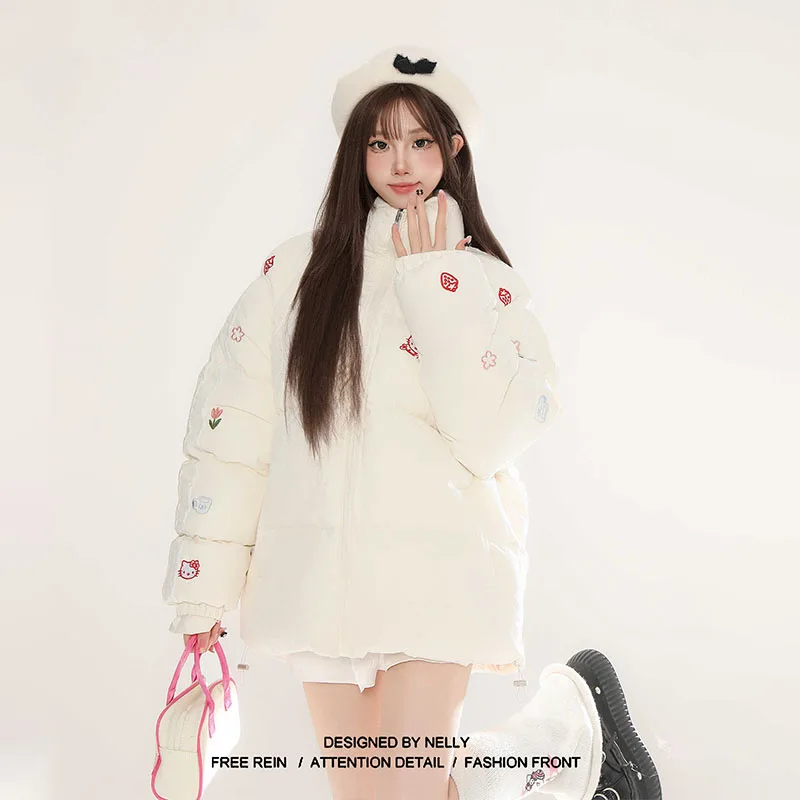 Kawaii Hello Kittys Down Jacket Cute Embroidery Thicken Padded Jacket Women's Winter New Style Stand-Up Collar Warm Cotton Coat