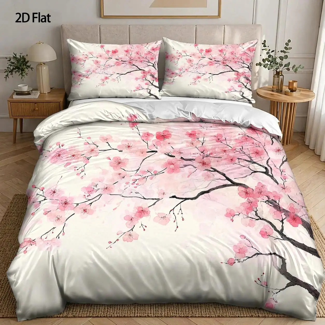 3 Piece Quilt Cover Set Cherry Blossom Floral Print Duvet Cover 2 Pillowcases Large Size Machine Washable Invisible Zipper