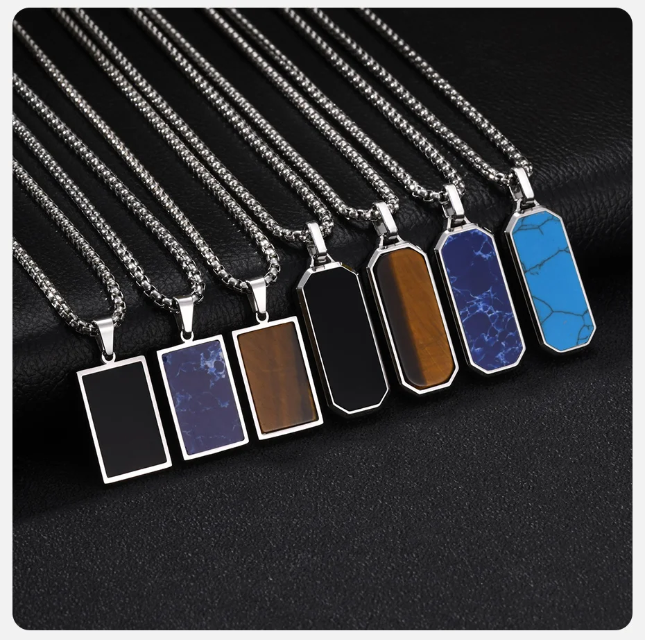 Vnox Herren Edelstahl Halskette mit Boxkette und Hundemarken-Anhänger, Tigerauge, Türkis, Sodalith, schwarze Emaille, geometrischer Schmuck, Geschenk – Detail 6