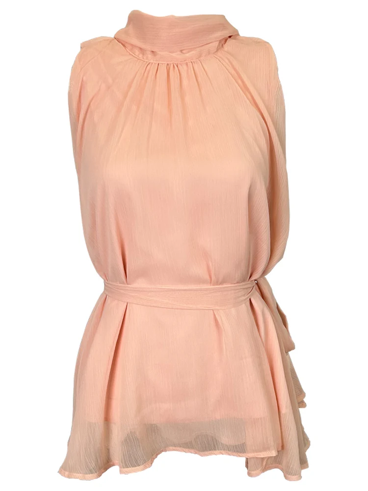 Dongda Gate Pure Desire Sle Hoge kraag met riem Svel Chiffon Damestop Woon-werk Sle Slim Fit Polyestervezel