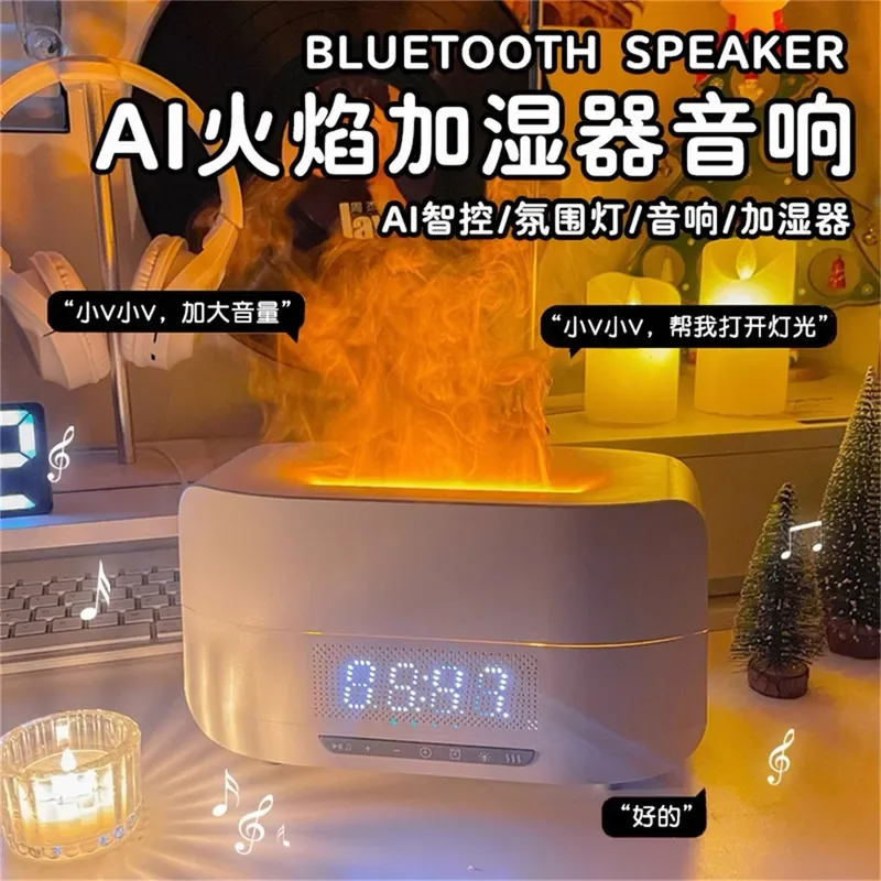 AI Intelligent Voice Clock Bluetooth Audio Simulation Flame Aromatherapy Machine Voice Control Humidifier for Smart Home