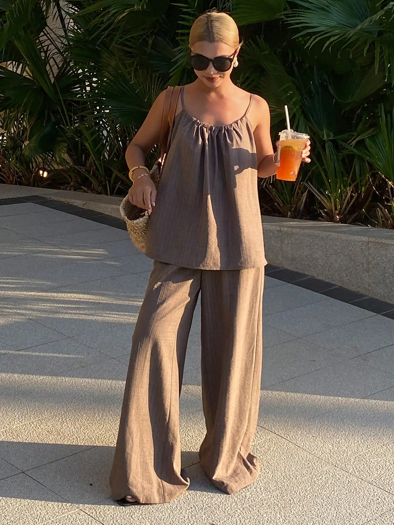 

Brown Camisole Top And Loose Wide Leg Pants Set Casual Vacation Beach Office Wear For Women