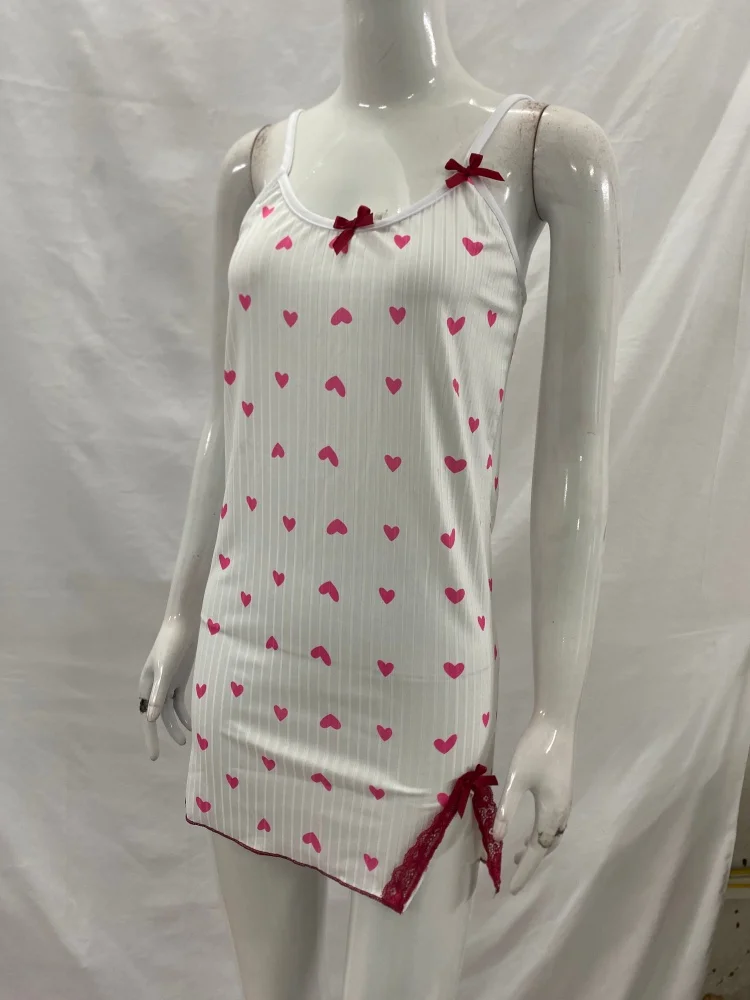 Heart Print Color Block Split Dress With Lace Trim Bow Detail Sleeveless Slip Dress For Women New Arrival