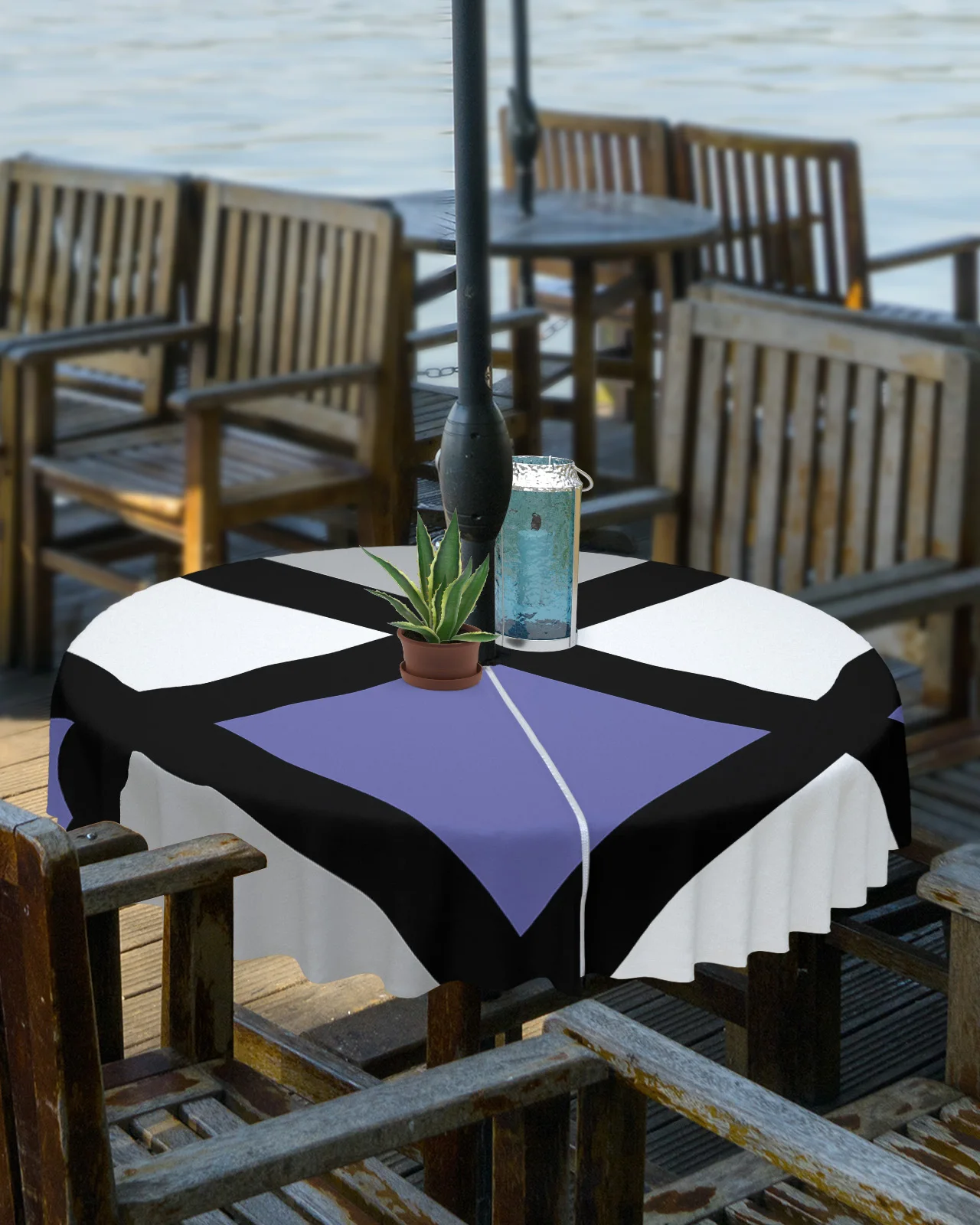 Purple Black Gray Geometric Square Outdoor Tablecloth with Umbrella Hole Zippered Waterproof Picnic Patio Round Table Cover