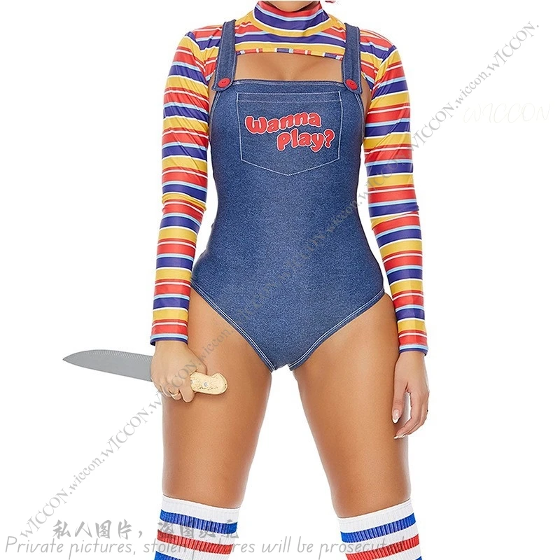 Chucky-Pesadelo Assustador Cosplay Traje Para Mulheres, Trajes De Halloween, Cos Killer, Quer Jogar, Personagem De Filme, Conjunto De Bodysuit