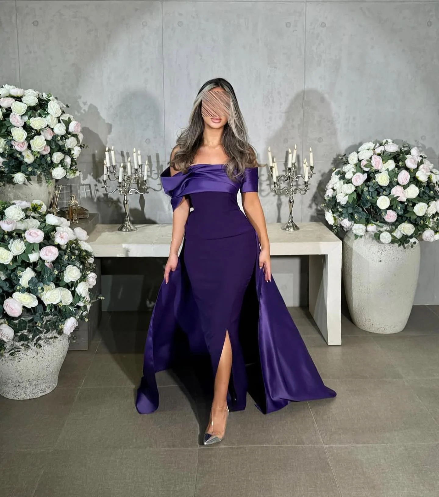 

Customized Elegant Evening Dresses A-line Off-the-shoulder Satin Floor length Front Slit Party Dresses Formal Dresses