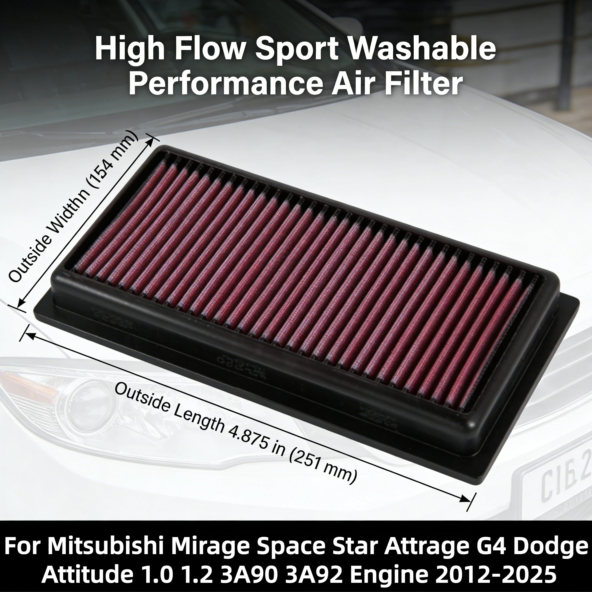 

Высокопроизводительный воздушный фильтр для двигателей Mitsubishi Mirage, Space Star, Attrage, G4, Dodge Attitude 1.0, 1.2 (3A90, 3A92) 2012-2025 гг.