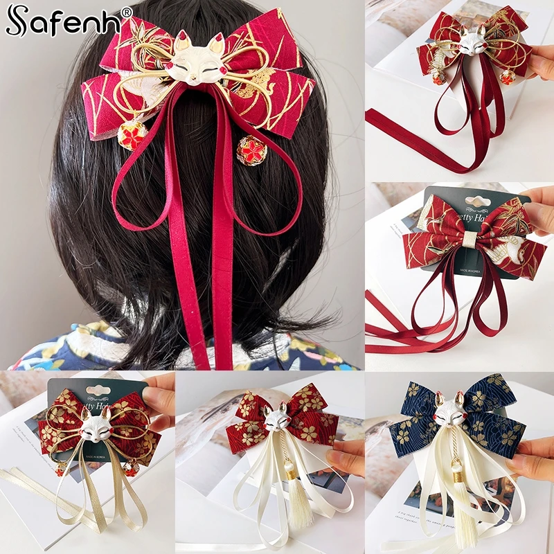 1PCS Exquisite Japanese Fox Bow Tassels Ribbon Hair Clip Headwear Girl Cartoon Hairpin Hanfu Cosplay Clothing Accessories