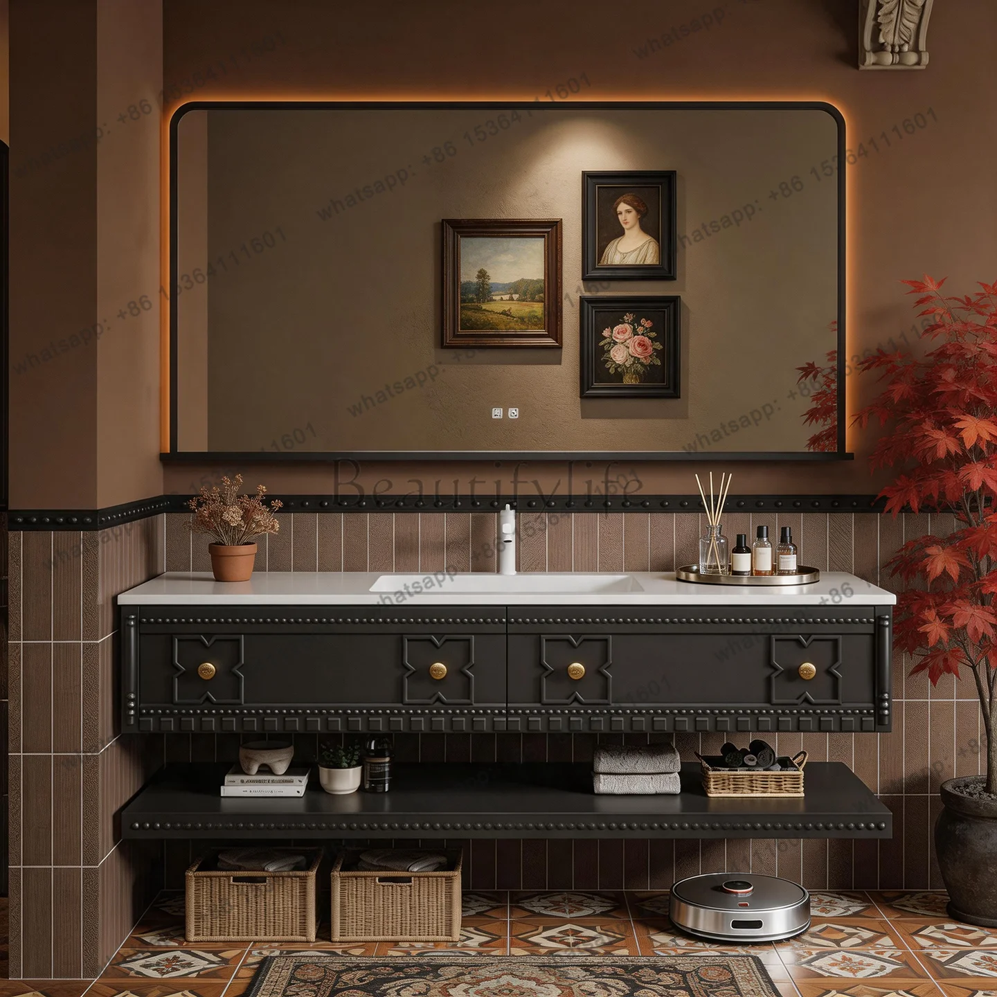 

PJ French oak bathroom cabinet toilet washstand integrated basin cabinet combination