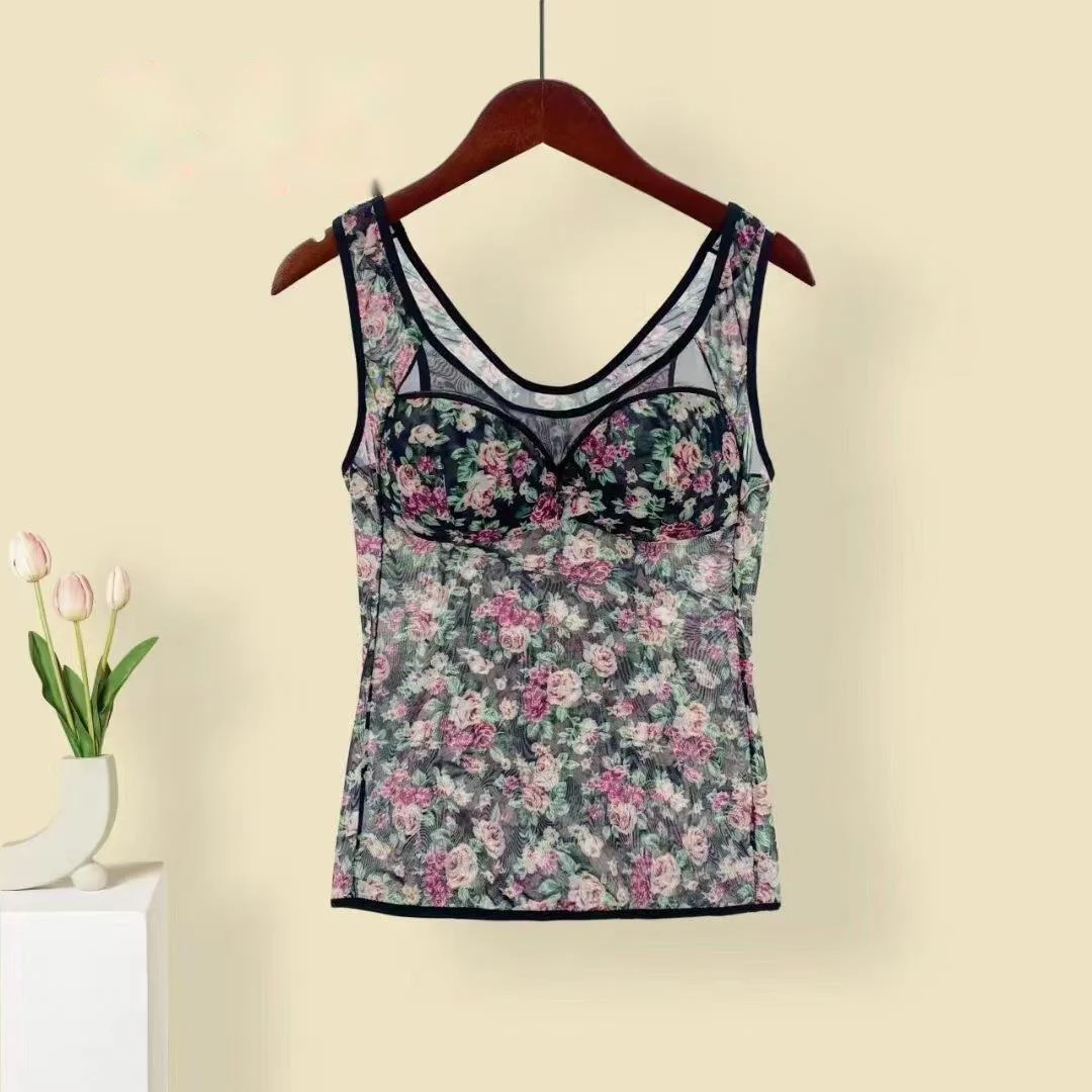 

Thin Bottom Shapewear Women Tummy Control Tank Top With Built In Bra Printing Ultra-thin Floral Corset Body Con