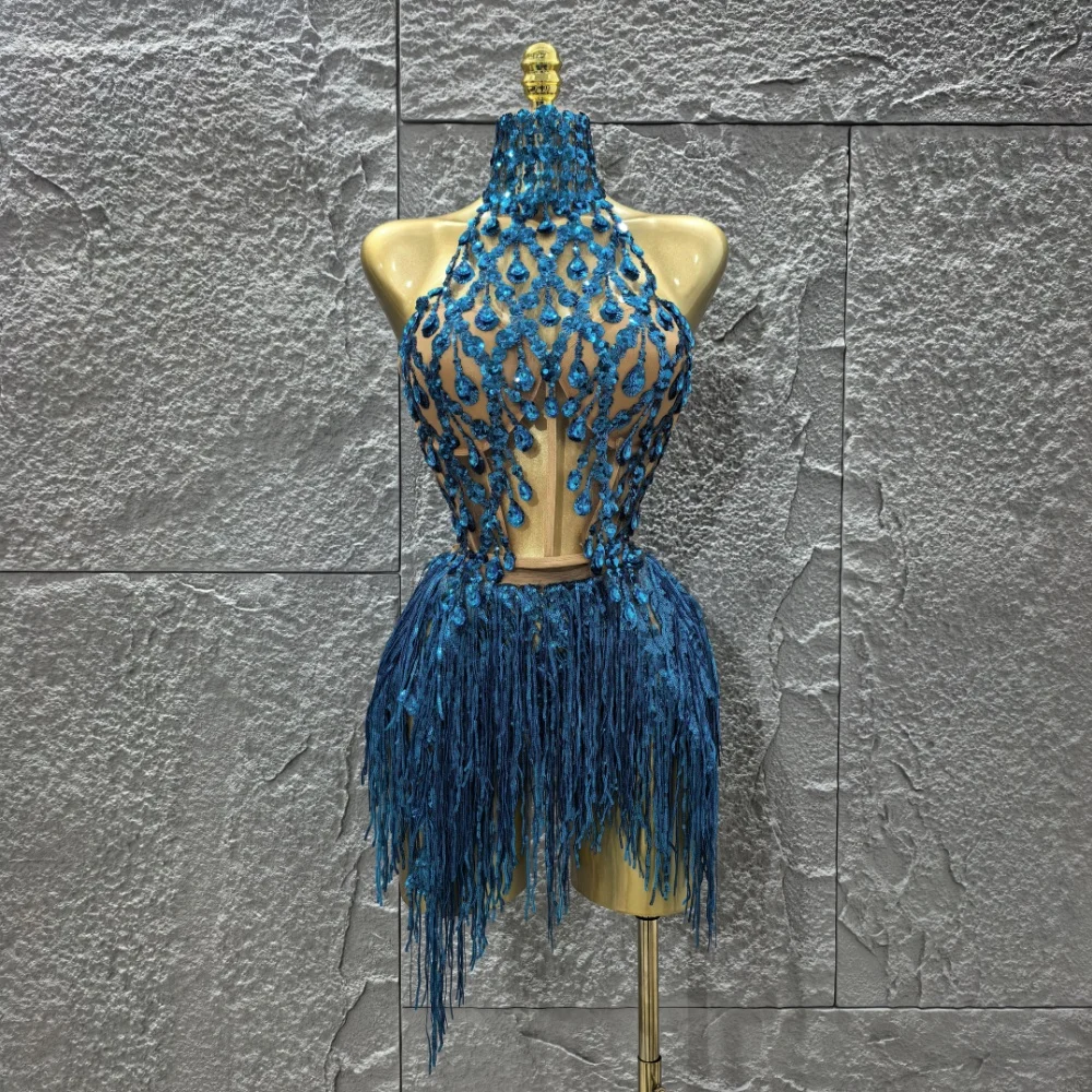 

Women Sexy Shinning Crystal Sequisn Tassels 2 Pieces Bodycon Mini Dress Nightclub Party Bar Dancer Performance Costume