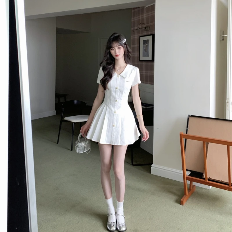 Yuehan Xiaoyu, sal marinho jasmim, vestido camisa branca estilo academia verão primeiro amor cintura saia plissada feminina