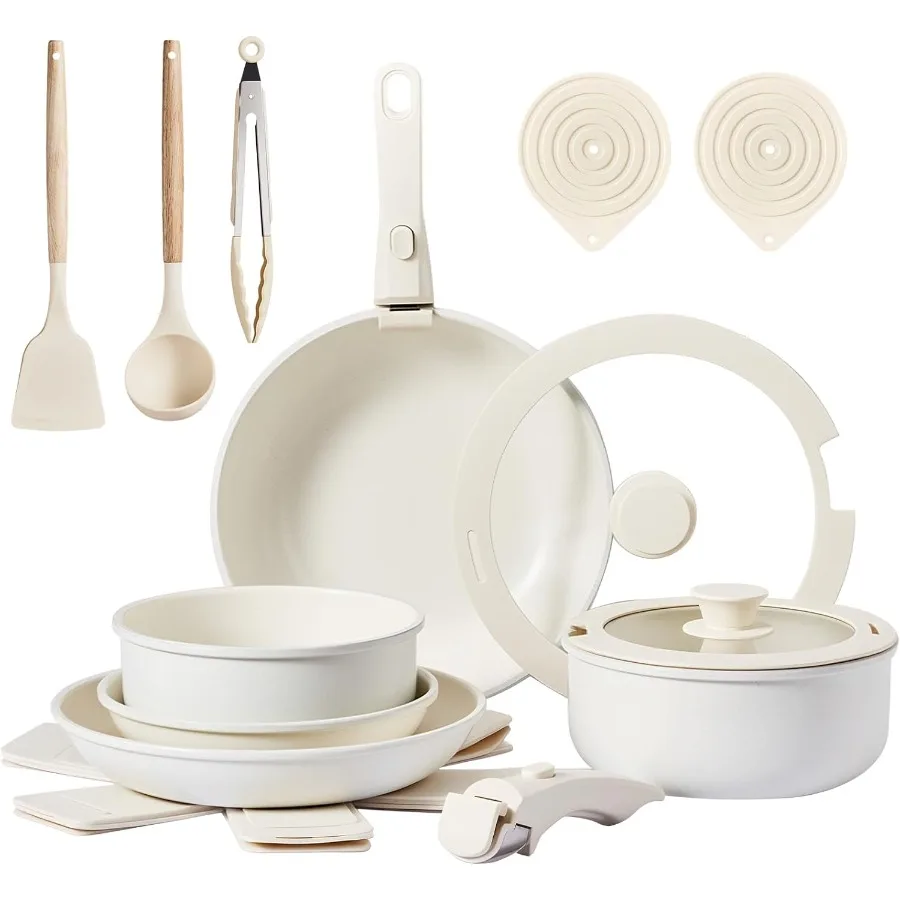 

19 Pcs Nonstick Pots and Pans Set with Detachable Handles for RV Kitchen Cooking Cast Aluminum Cookware with Dishwasher Safe De