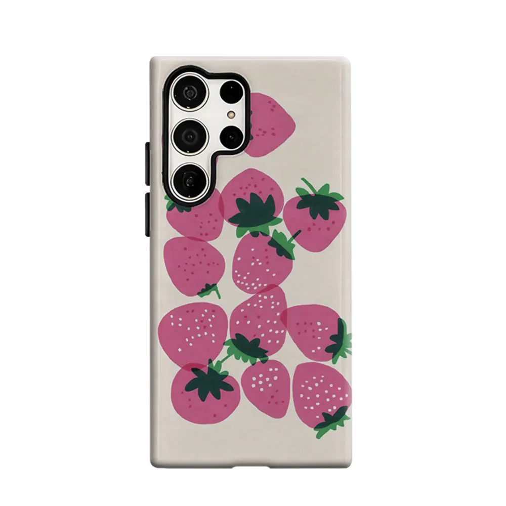 CaseLumi Phone Case For Samsung Galaxy S25 S24 S23 Ultra Plus HD Hard Pink Strawberry Doodles Double Layer Cover Film Shell