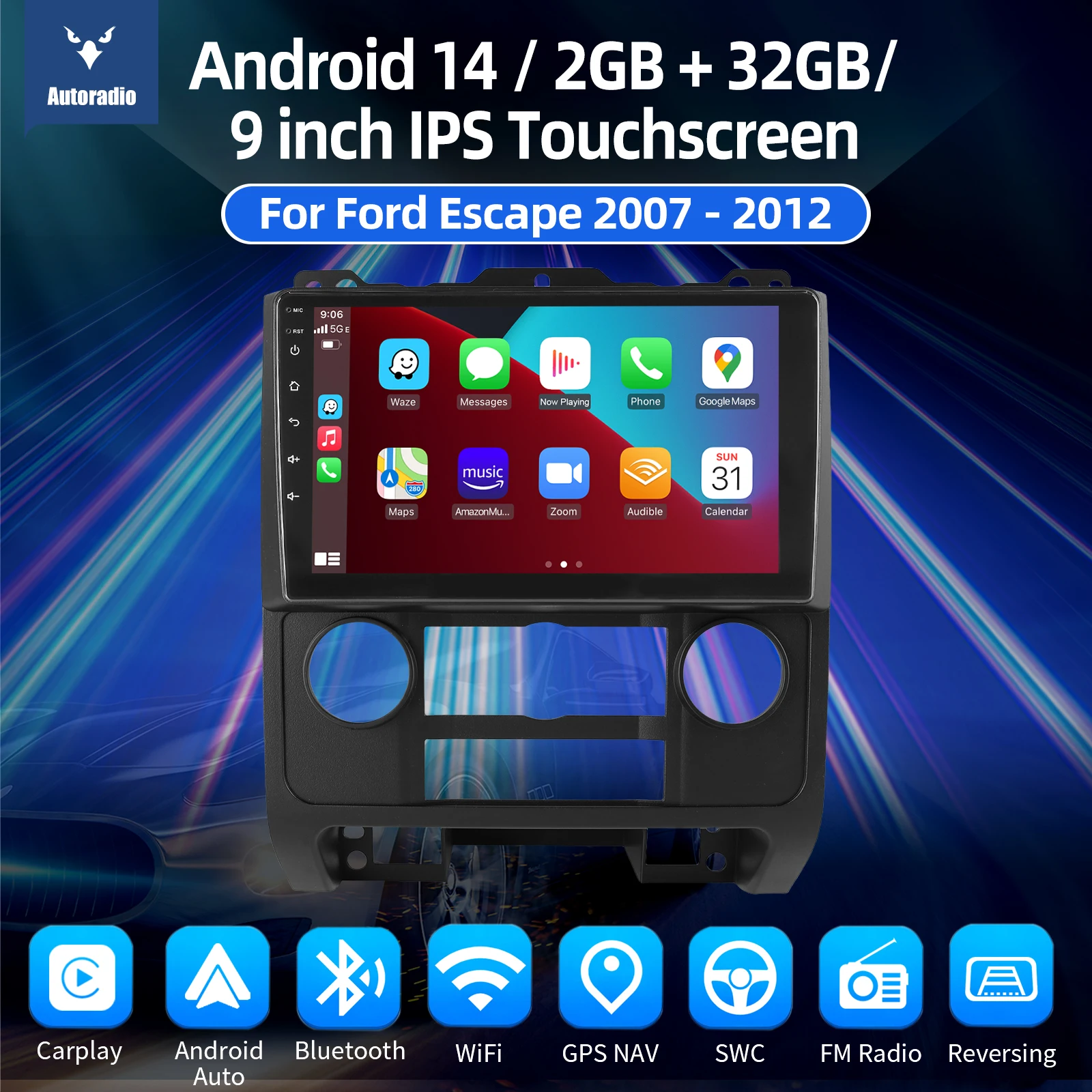 راديو ستيريو للسيارة مقاس 9 بوصات لسيارة Ford Escape 2007-2012 Apple Carplay GPS Navigation WIFI 2G + 32G Android 14 SWC وحدة رأس FM/RDS بلوتوث