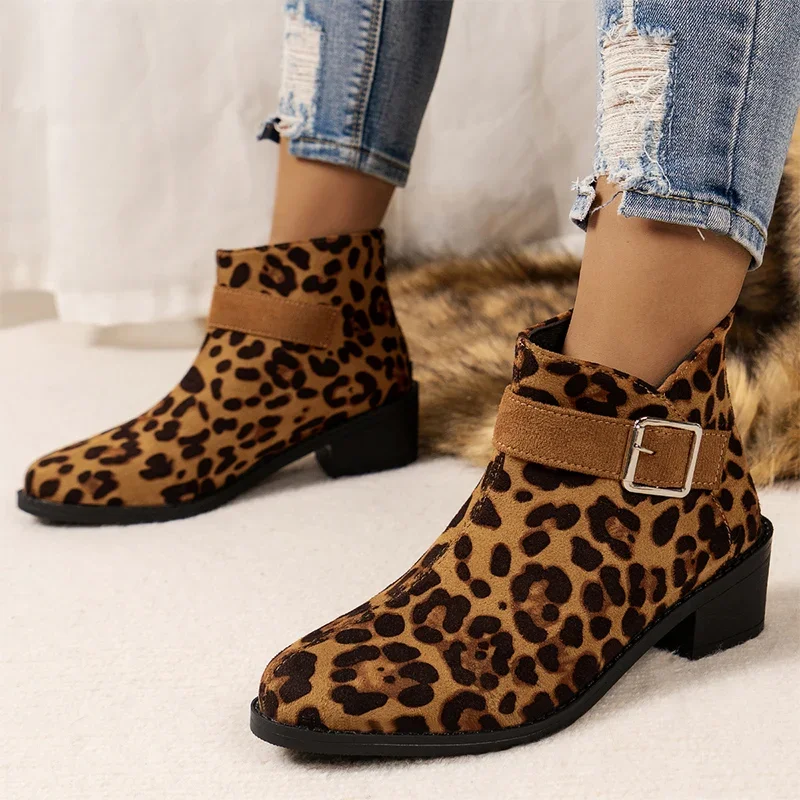 Leopard Suede Ankle Women Chelsea Boots Mid Heels Retro Shoes Designer 2024 Winter New Motorcycle Boots Gladiator Mujer Zapatos