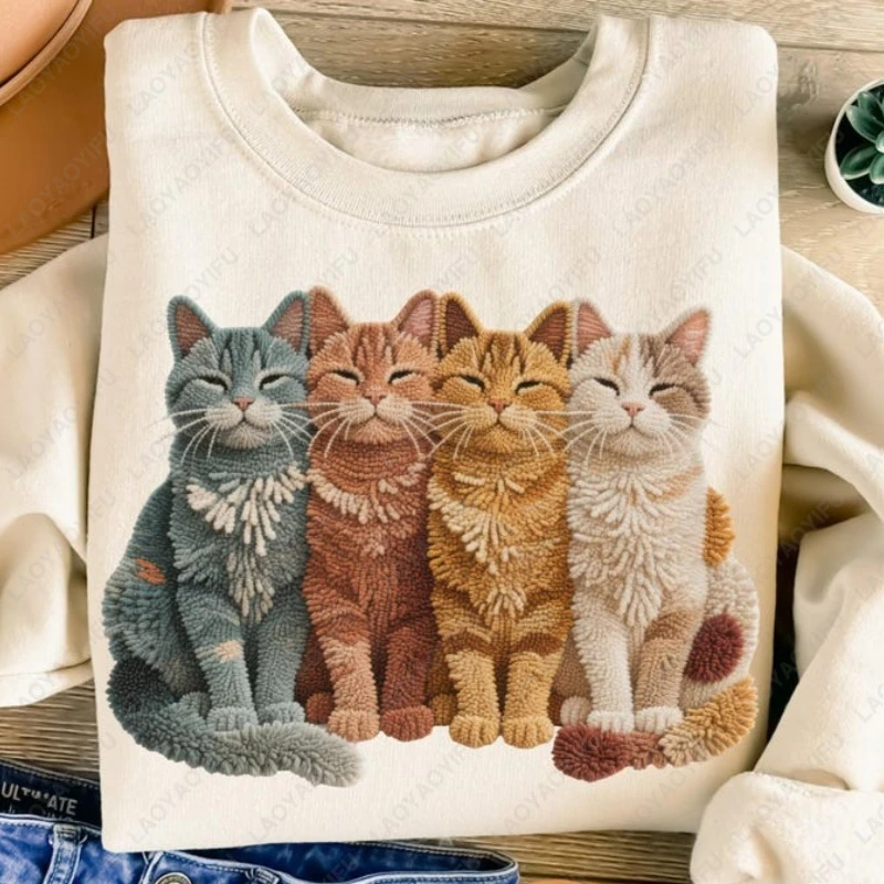 Gancio di chiusura Gatti Filato finto Stampa gatto Pullover Cat Mamma Girocollo Felpa con cappuccio Felpa in tessuto non lavorato Moda divertente Manica lunga