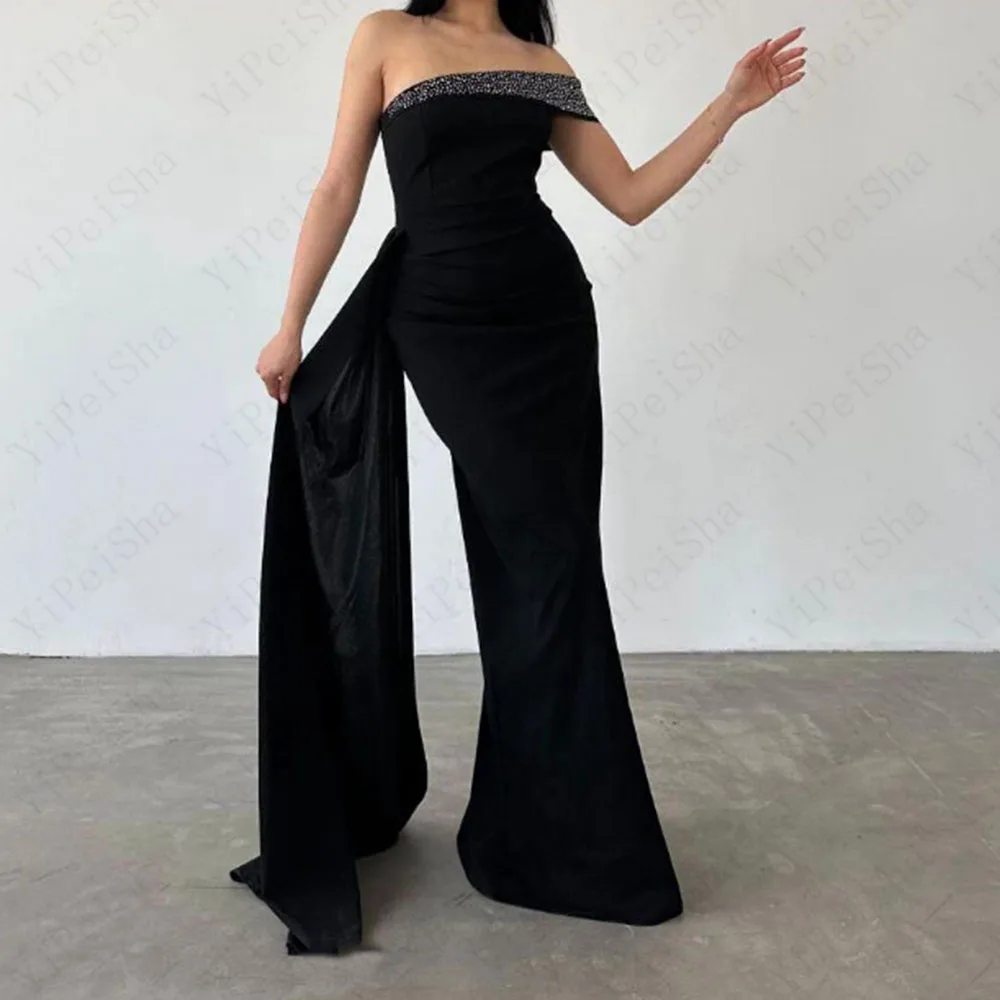 

Customized A-Line Prom Dresses Floor-Length Off The Shoulder Sleeveless Evening Gown Fashion Sequined Simple Draped Party Gown