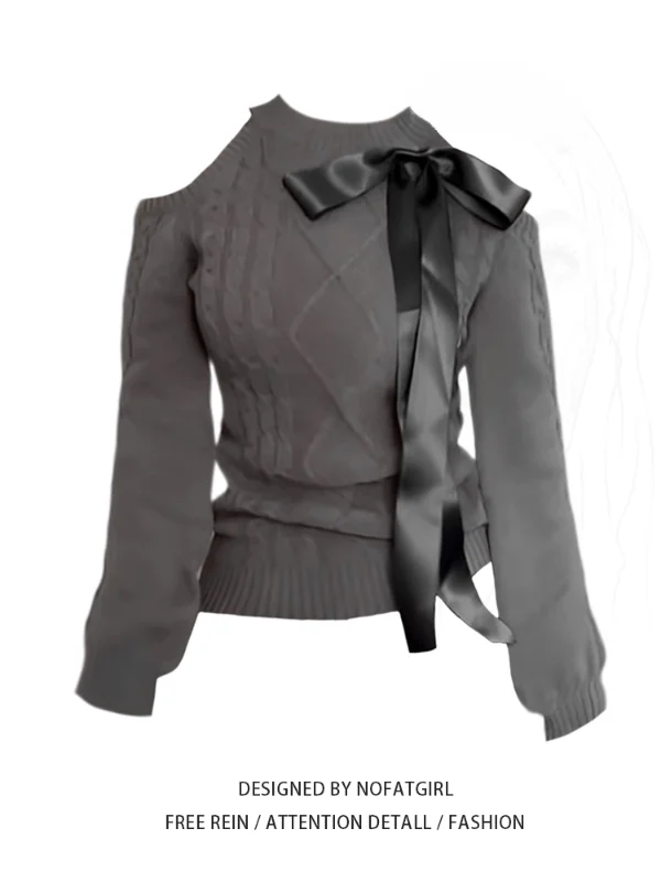 

plus Size Vintage Knitwear oulder Bared with Knot for Women Autumn Winter Unique Sweater Faion Retro Sle roun...