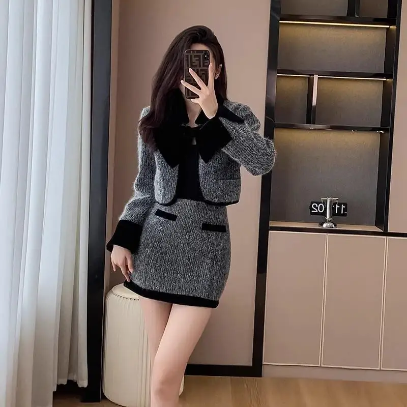 Women\'s Autumn/winter French Elegant Tweed Suit Skirt Set, Retro Solid Contrasting Woolen Suit Collar Jacket Skirt Two-piece Set