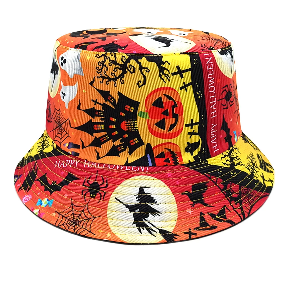 Halloween Bucket Hat Witch Ghost Pumpkin Bat Spider Skull Print Fisherman Cap Spooky Party Cosplay Costume for Men Women Panama