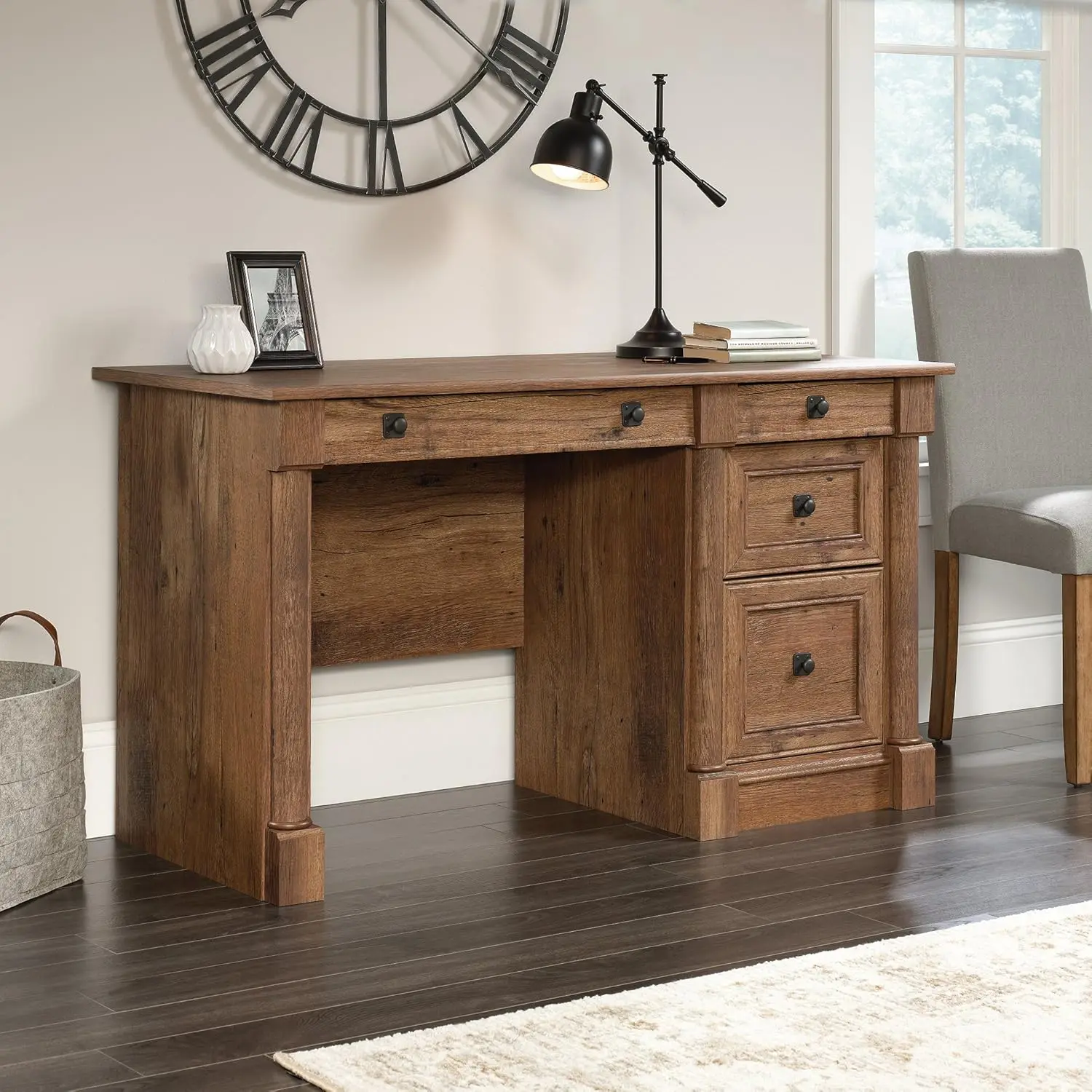 Computer desk with drawers, home desk with file cabinet storage drawers, cable management, keyboard tray, finished in