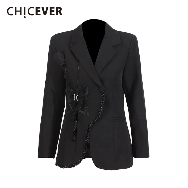 CHICEVER White Color Spliced Pockets Coat for Women Notched Collar Long Sleeve Patchwork 3D Floral Irregular Blazer Female Style