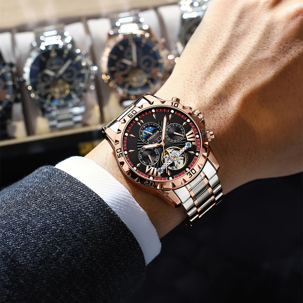 POEDAGAR Роскошные автоматические механические наручные часы с турбийоном, водонепроницаемые светящиеся мужские часы, мужские часы из нержавеющей стали с датой и неделей