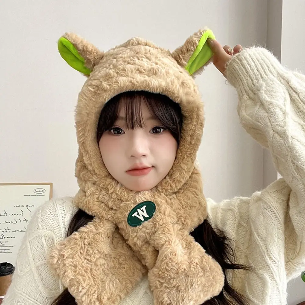 Comfortable Solid Color Plush Lamb Hat Fashion Design Korean Style Cartoon Fleece Hat Cartoon Muffler Plush Hat with Scarf Boy