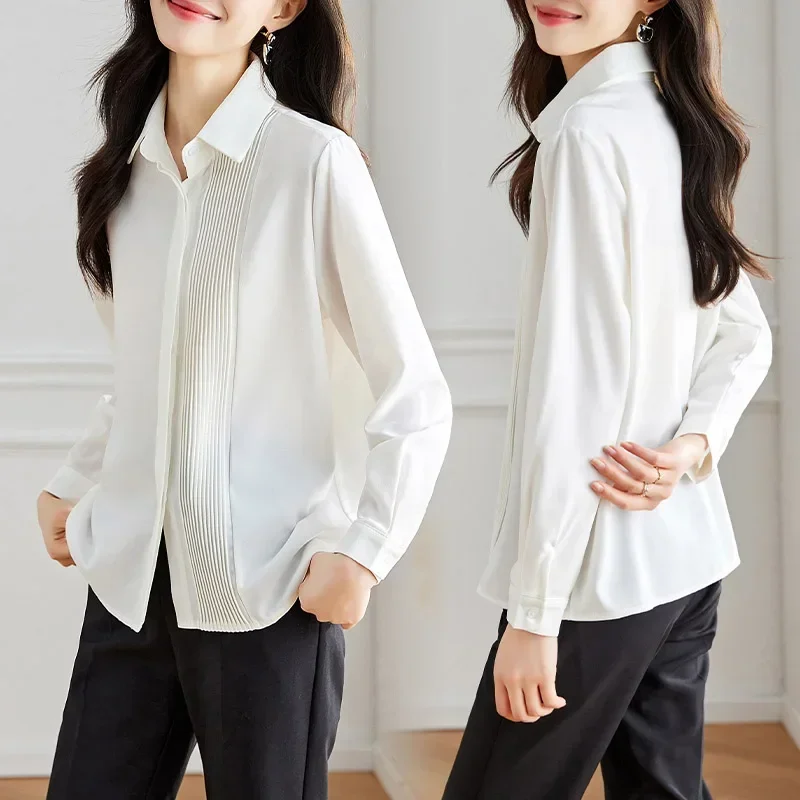 Office Lady Solid Faench Fashion Commuting Chiffon Shirt Spring Long Sleeve Striped Elegant Loose Blouses Female Top