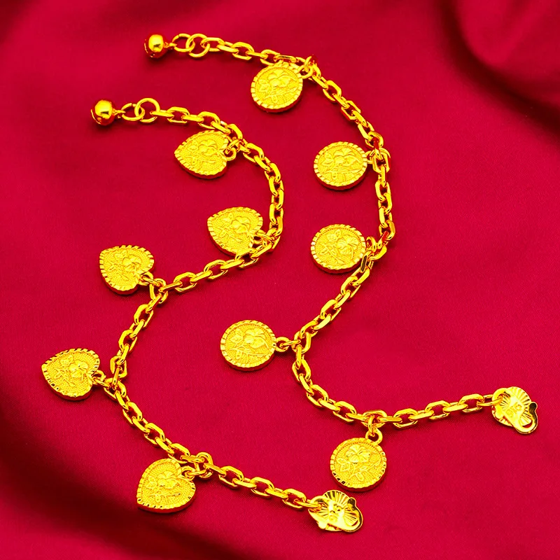 

24K Gold Heart Charm Bracelet Women's AU999 - Seamless heart links, wrist-fitting, hypoallergenic, for gentle & dating styles