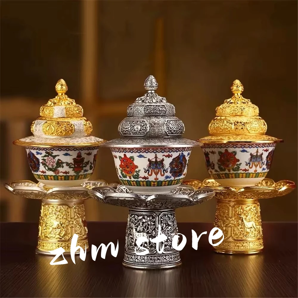Buddhist Tea Rack Alloy,Tantric Holy Water Cup,Painting Eight Auspicious Porcelain Bowl,Tibetan Altars Desktop Decorative ,1Set