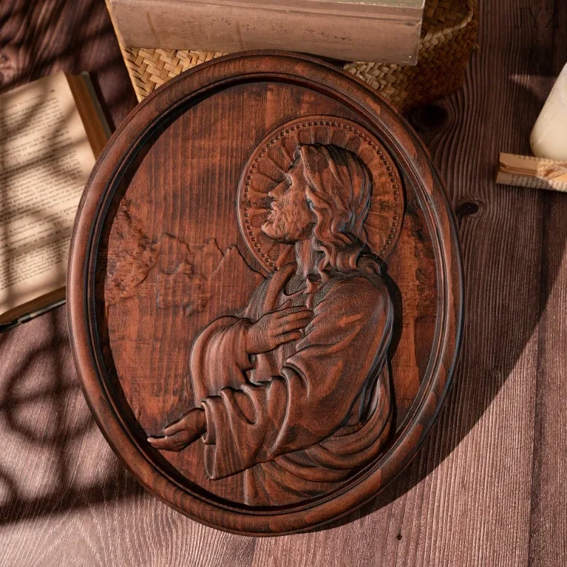 vintage Jesus Praying Oval Wooden Catholic Statue, Saint Home Wall Hanging Decor