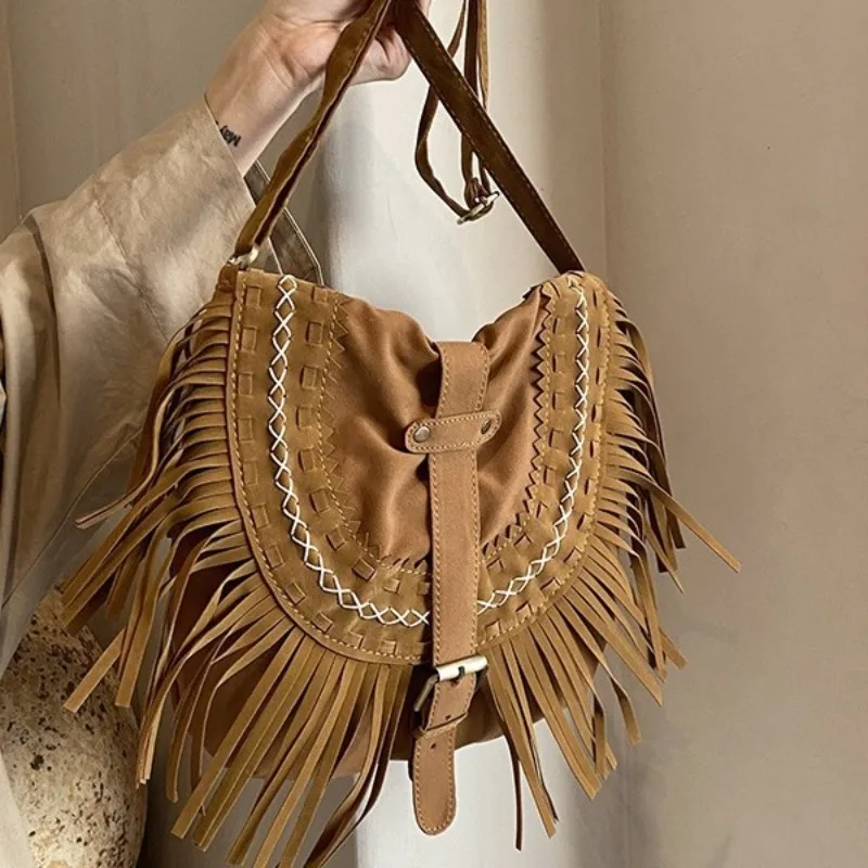 Beach Single Shoulder Bag Oblique Span Imitation Deerskin Velvet Fringed Bag Large Capacity Summer Travel  Women's Shoulder Bag