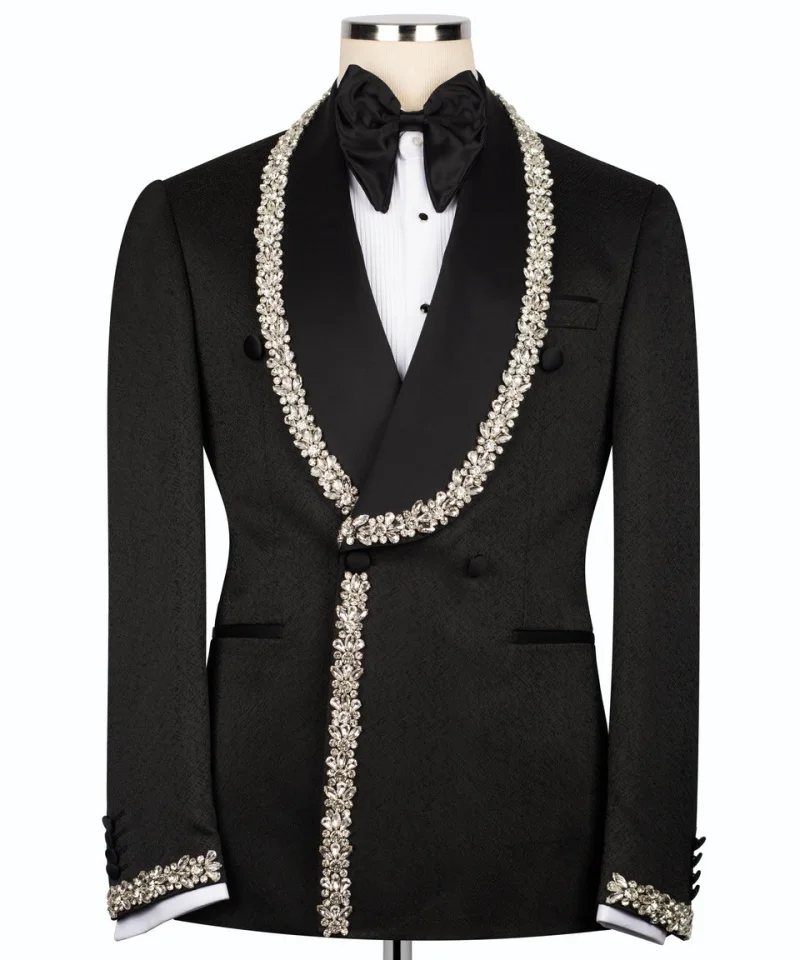 

Trajes para hombre Customized Black Jacquard Wedding Groom Tuxedo with Crystal Double Breasted Blazer Pants Luxury Suits for Men
