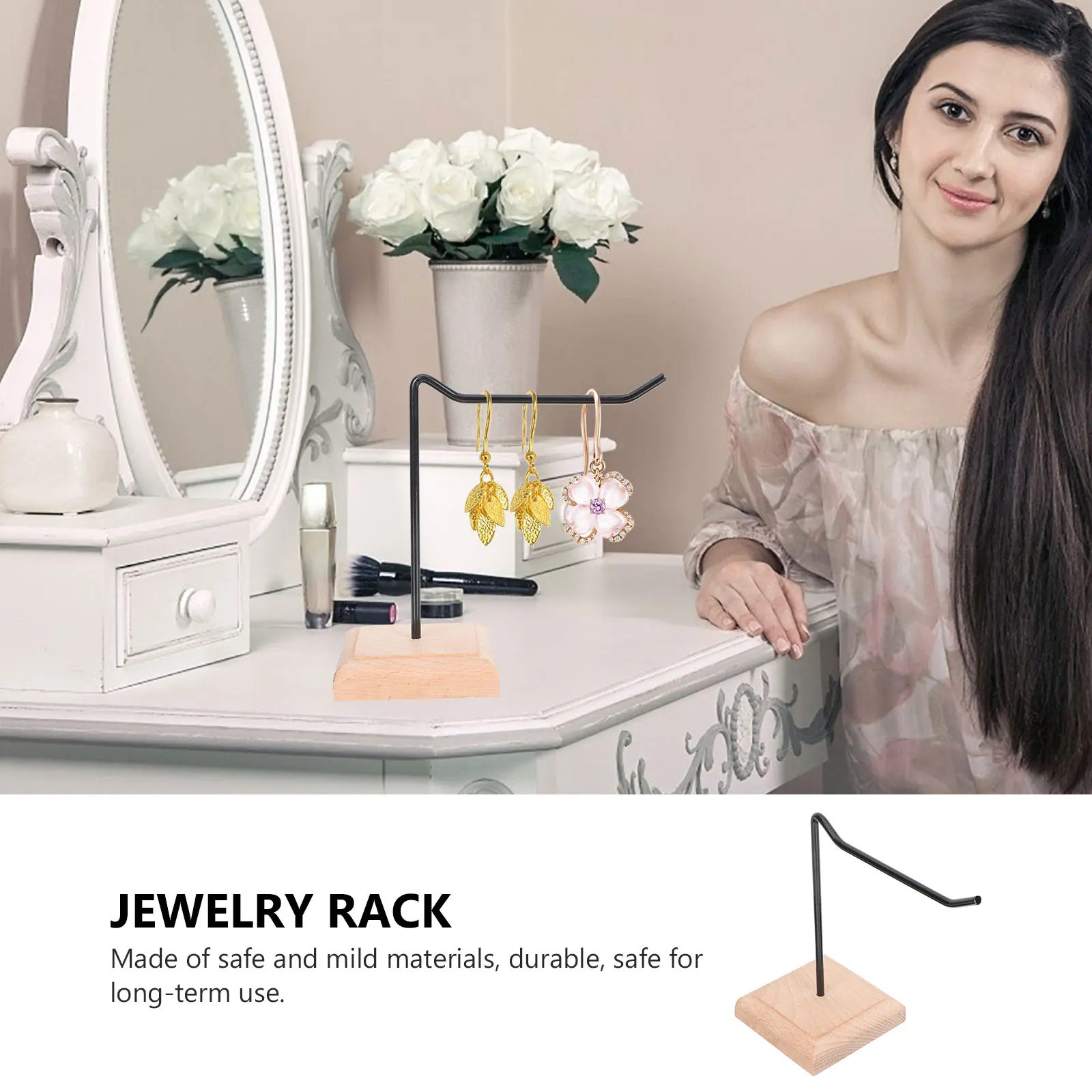 

Delicate Wooden Base Iron Jewelry Rack Earrings Display Stand Household Storage Organizer Desktop Chains Keys Hanging Holder