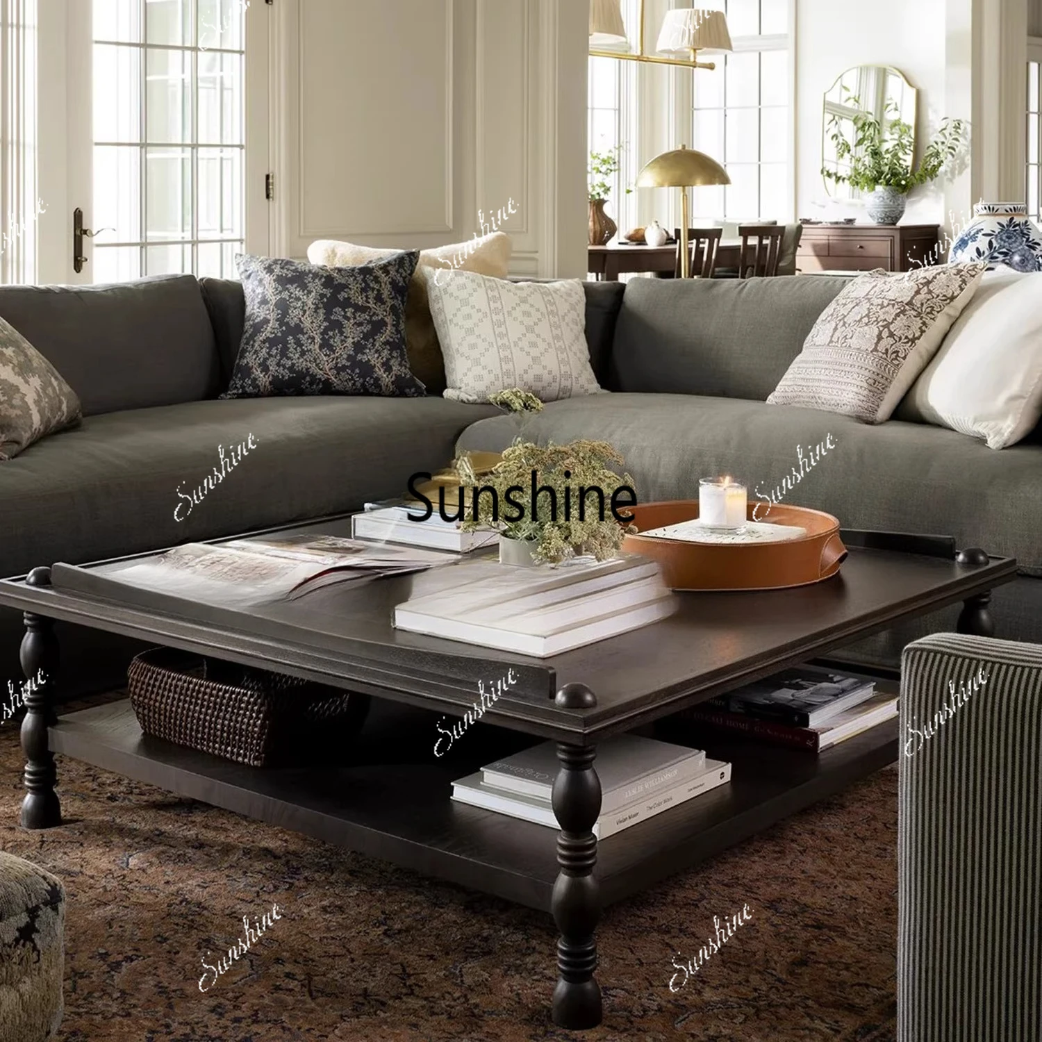 

French solid wood coffee table living room household coffee table double storage square coffee table