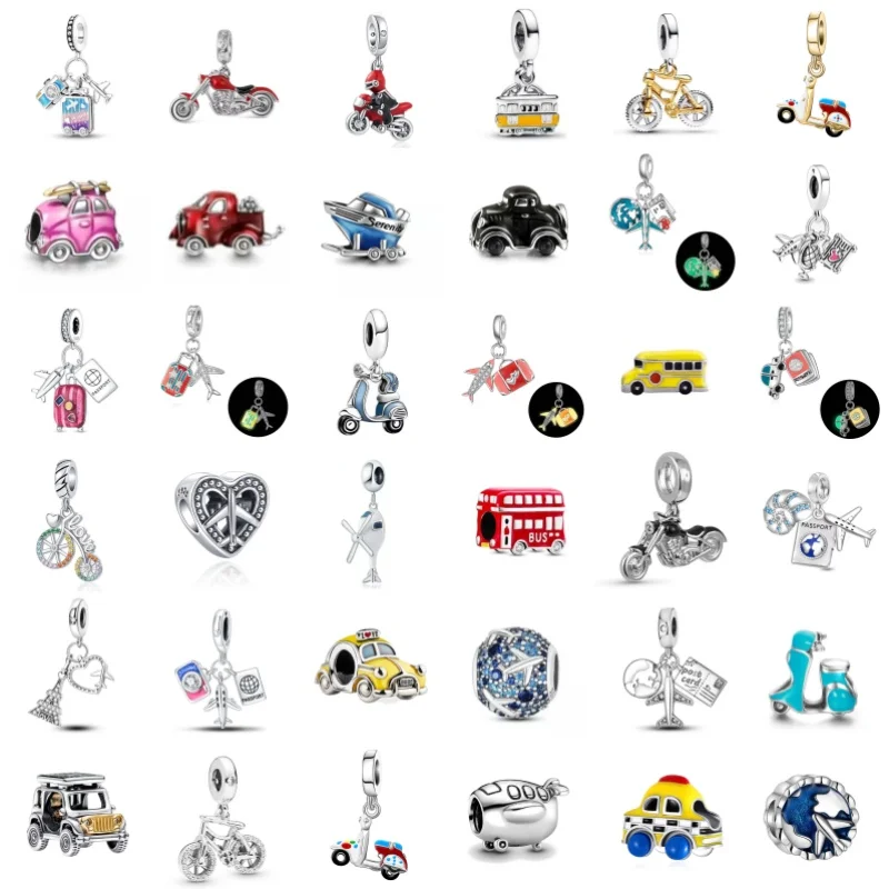 s925 Silver Black Motorcycle Car Shiny Bicycle Charm Ship Beads Aircraft Pendant Fit Original Bracelet Women Jewelry Accessories