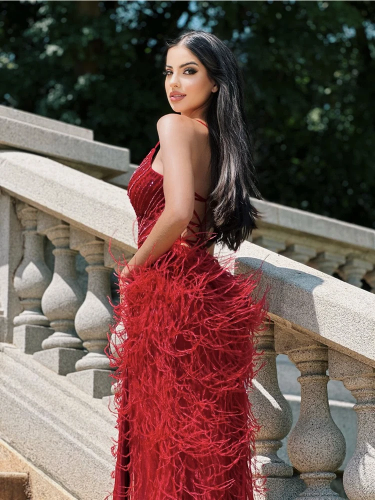 Spaghetti Strap Mermaid Evening Dress Luxury Feather Beading Deep V Neck Burgundy Shining Beading Formal Prom Gowns Long