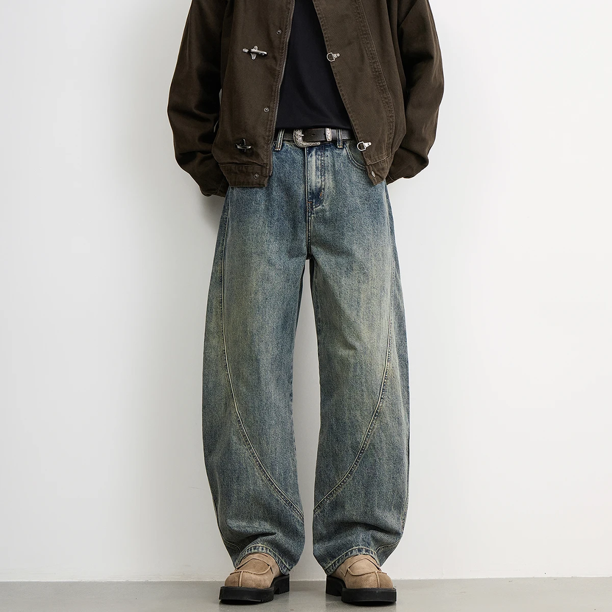 American Vintage Washed Distressed Designer Curved-blade Jeans for Men Rogueishly Cool Vibe Premium Drape Wide-leg Denim Pants
