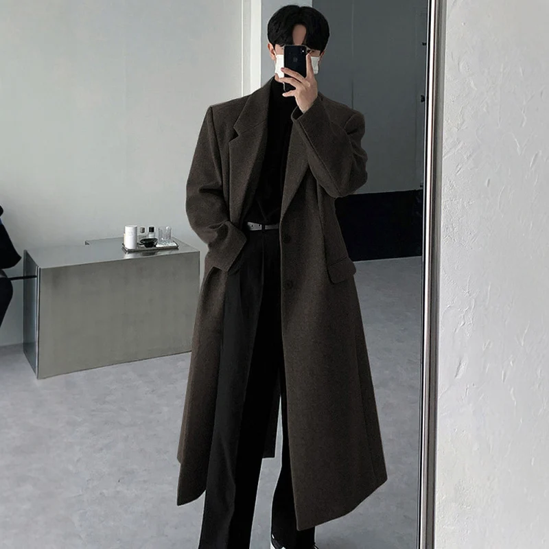 IEFB Korean Version Men's Woolen Overcoat Winter Lapel Thickened Solid Color Double Breasted Overknee Length Male Trench 9C8289