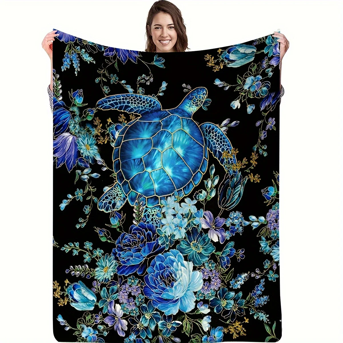 Sea Turtle with Flowers Print, Soft Flannel Gift Blanket, All Season Cozy Throw, Friendship Themed Ocean Decor