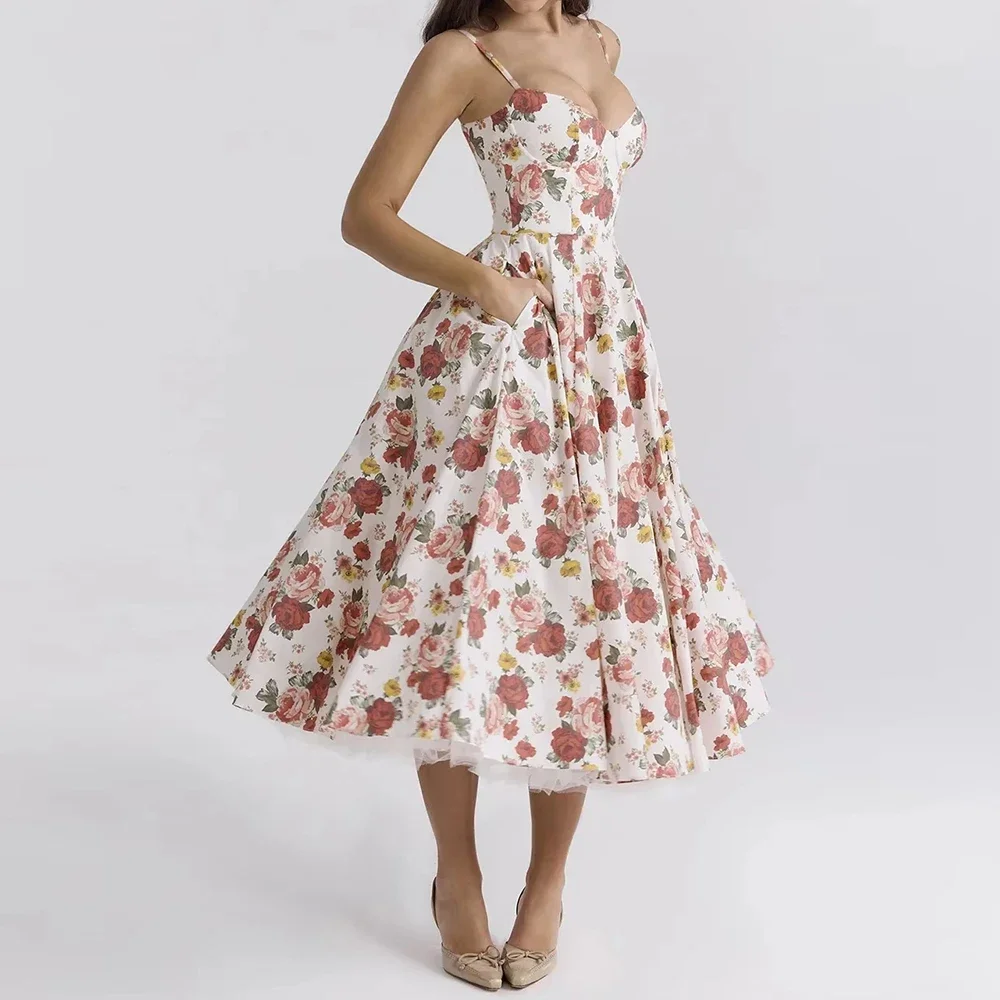CPSYMYM vestidos Primavera Verano Retro Vintage Skinny Fit Ditsy Floral sin mangas escote corazón Midi Cami vestidos para mujer
