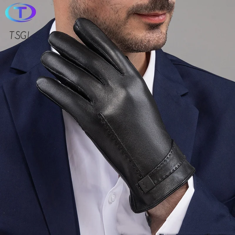 New Popular Business Driving Winter Men Genuine Sheepskin Leather Gloves Autumn Warm Touch Screen Full Finger Black Gloves