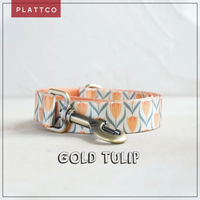 PLATTCO unique design dog leash print Gold Tulip with high-quality bronze buckle 5 size PDL357Br