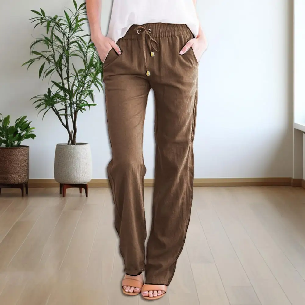 

Spring Summer Casual Pants Stylish Women's Elastic Waist Wide Leg Pants with Pockets Adjustable Ties Solid Color for Leisure