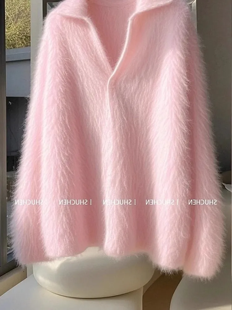 

Autumn Winter Women's Clothing Mink Cashmere Soft Sweater Loose Casual Long Sleeve Pink Pullovers Knitted Tops F20