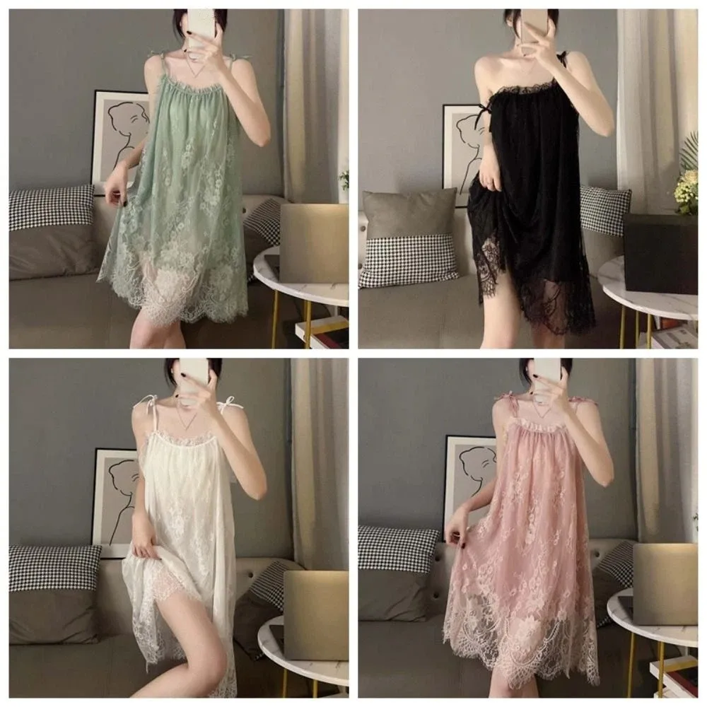Fashion Lace Flower Suspender Nightdress Loose Ruffled Edge Female Sleepshirts Thin Pajamas Sleep Dress Home
