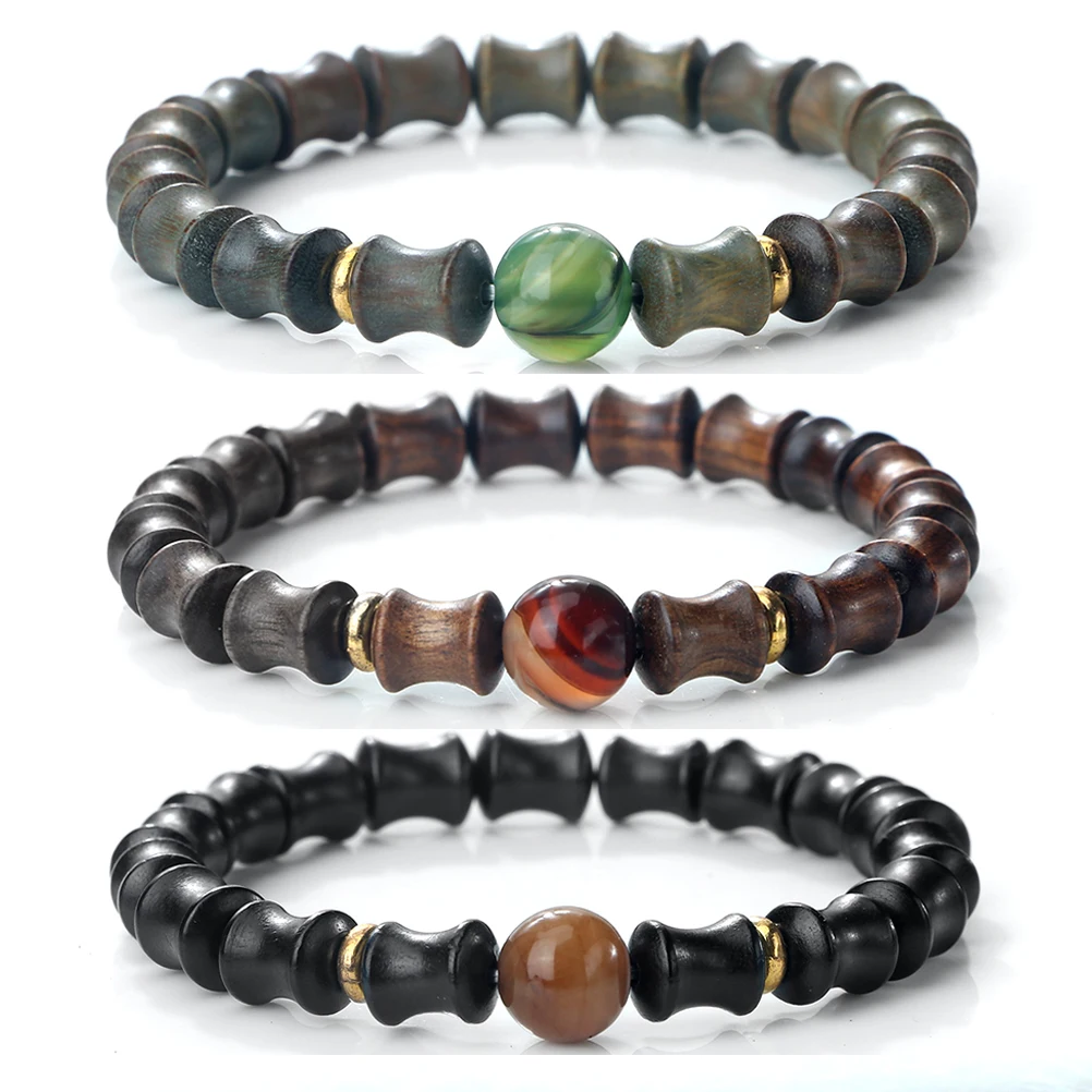 Retro Bamboo Joint Bracelets Women Men10mm Agates Onyx Stone Yoga Bracelets Friendship Couples Prayer Jewelry Gifts Elastic Rope