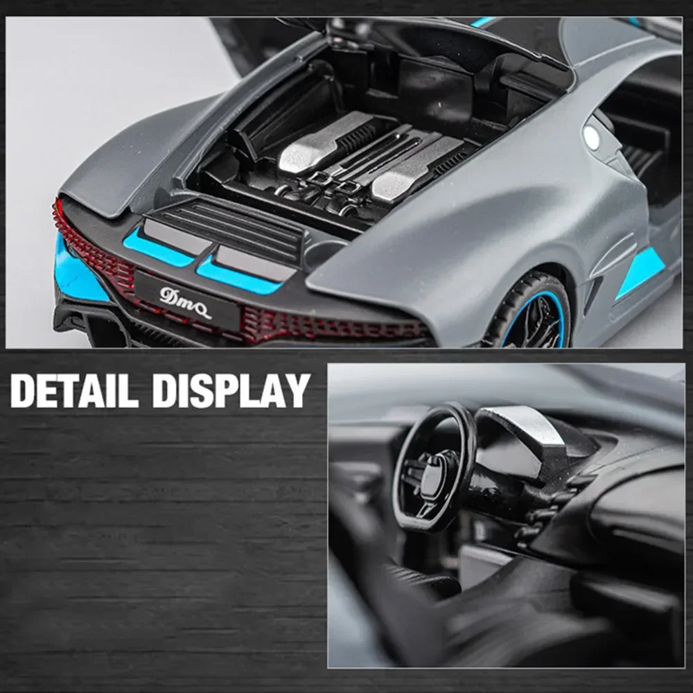 Alloy Diecasts Metal Toy Car para crianças, veículos Bugatti Divo, modelo de carro em miniatura com luz, brinquedos para meninos, presente de Natal